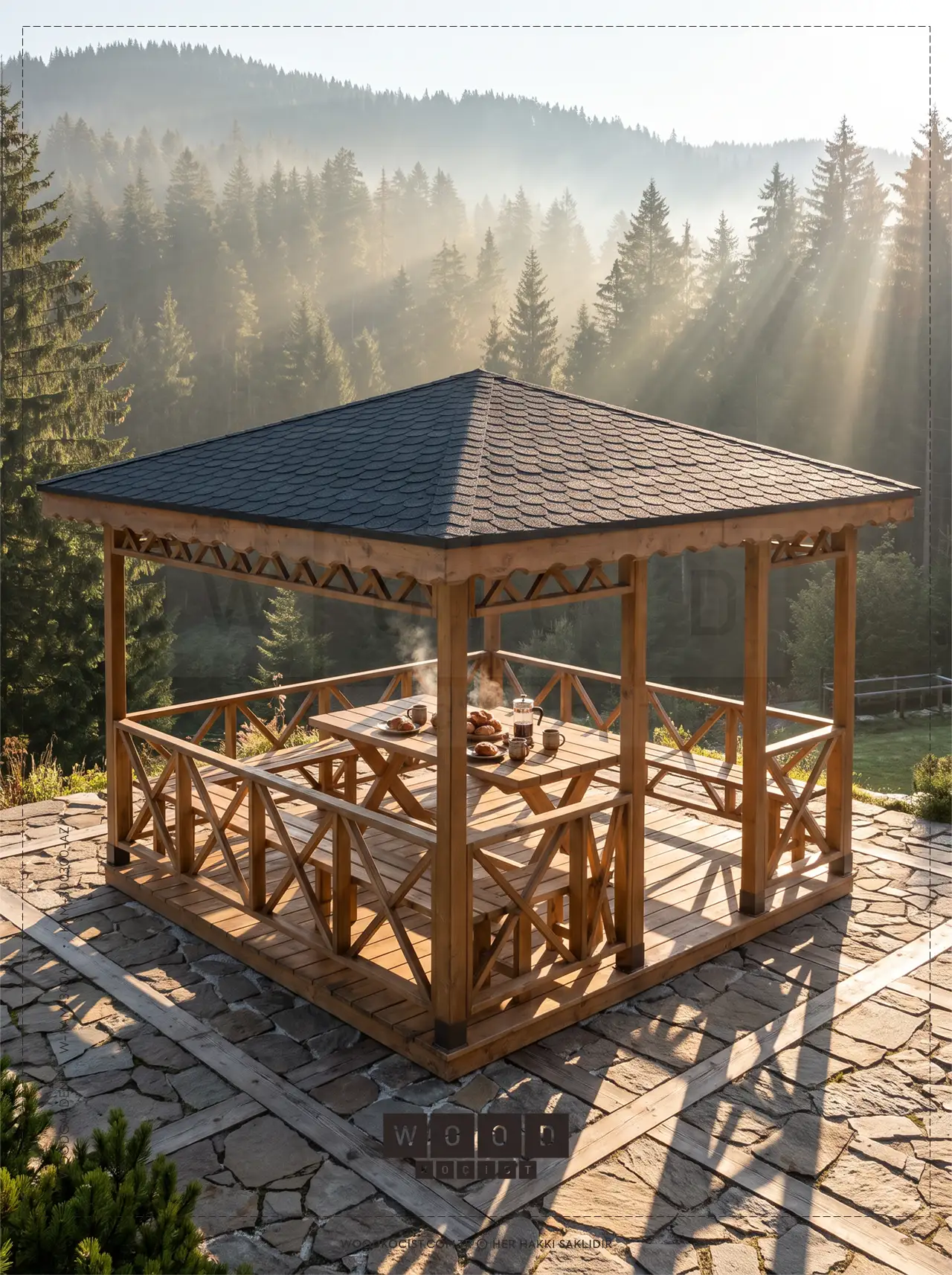 Sisli orman manzaralı lüks bir dağ evi terasında, entegre ahşap platformu ve mat doğal dokusuyla konumlandırılmış W-KAM-300AZ XL ahşap kamelya.