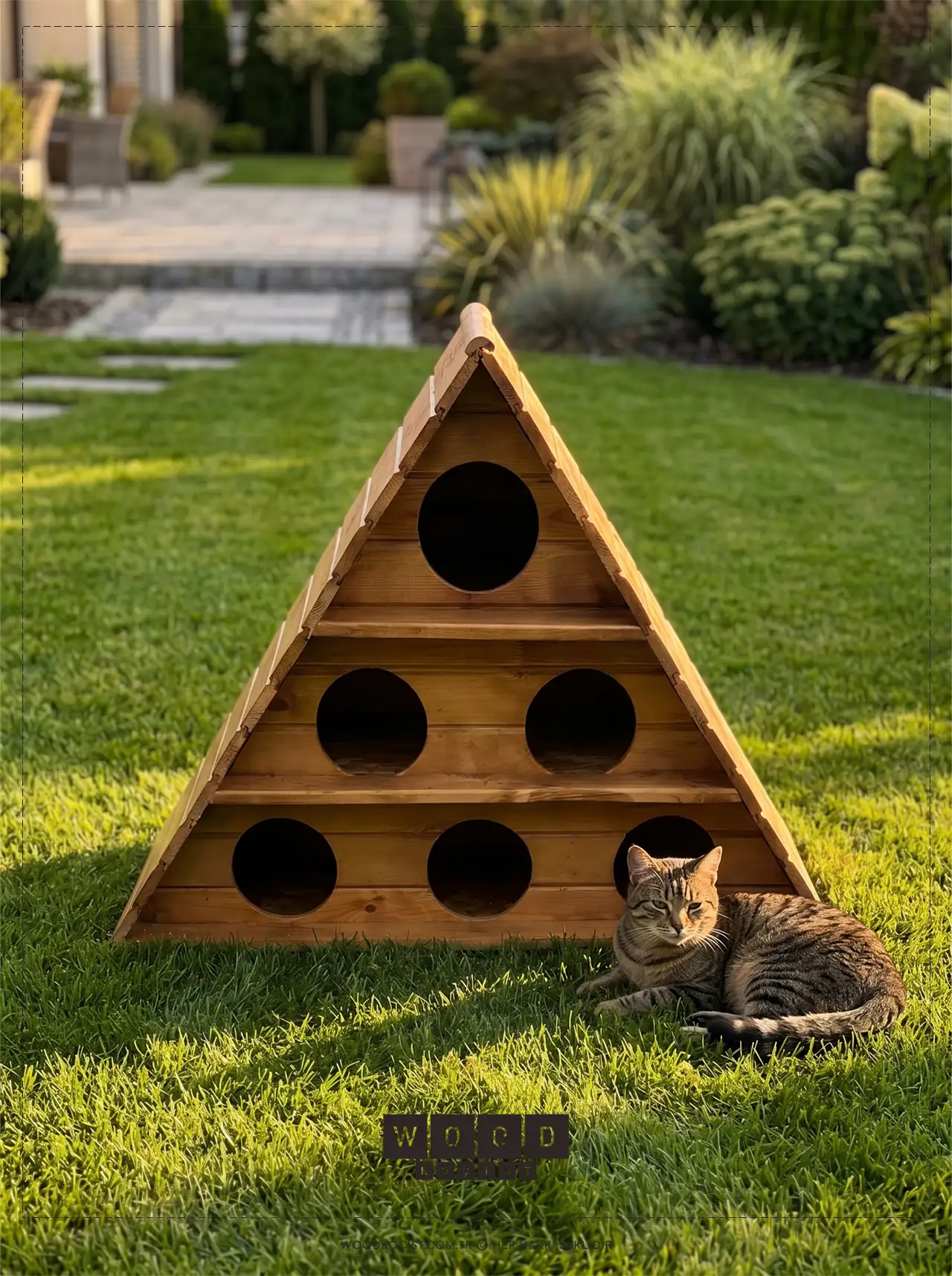 Bahçede yeşil çimler üzerinde dinlenen bir kedi ve yanında W-CAT-6S doğal ahşap 3 katlı kedi yuvası.