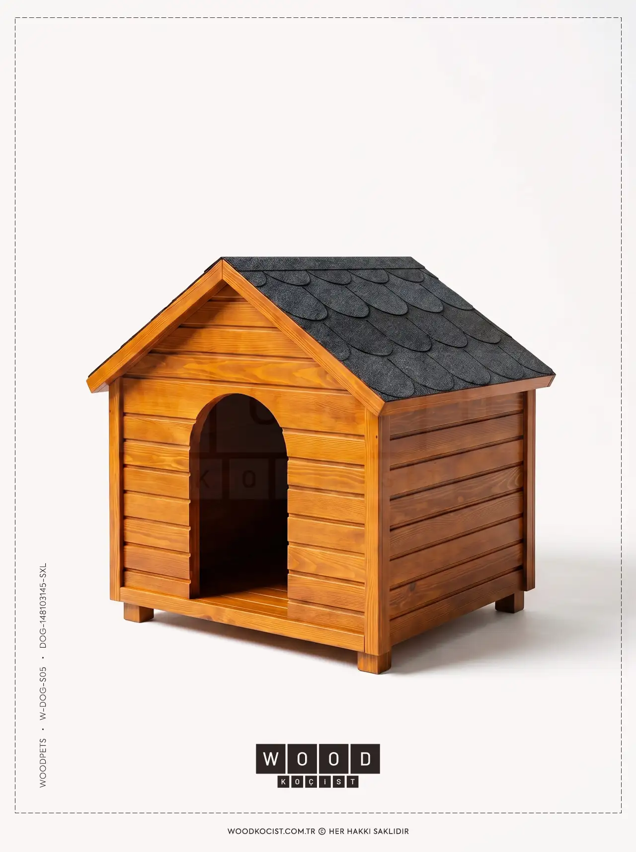 Genişletilmiş kemerli kapısı, yatay amber ahşap gövdesi ve antrasit yonca desenli çatısıyla XL büyük boy W-DOG-S05 stüdyo modeli.