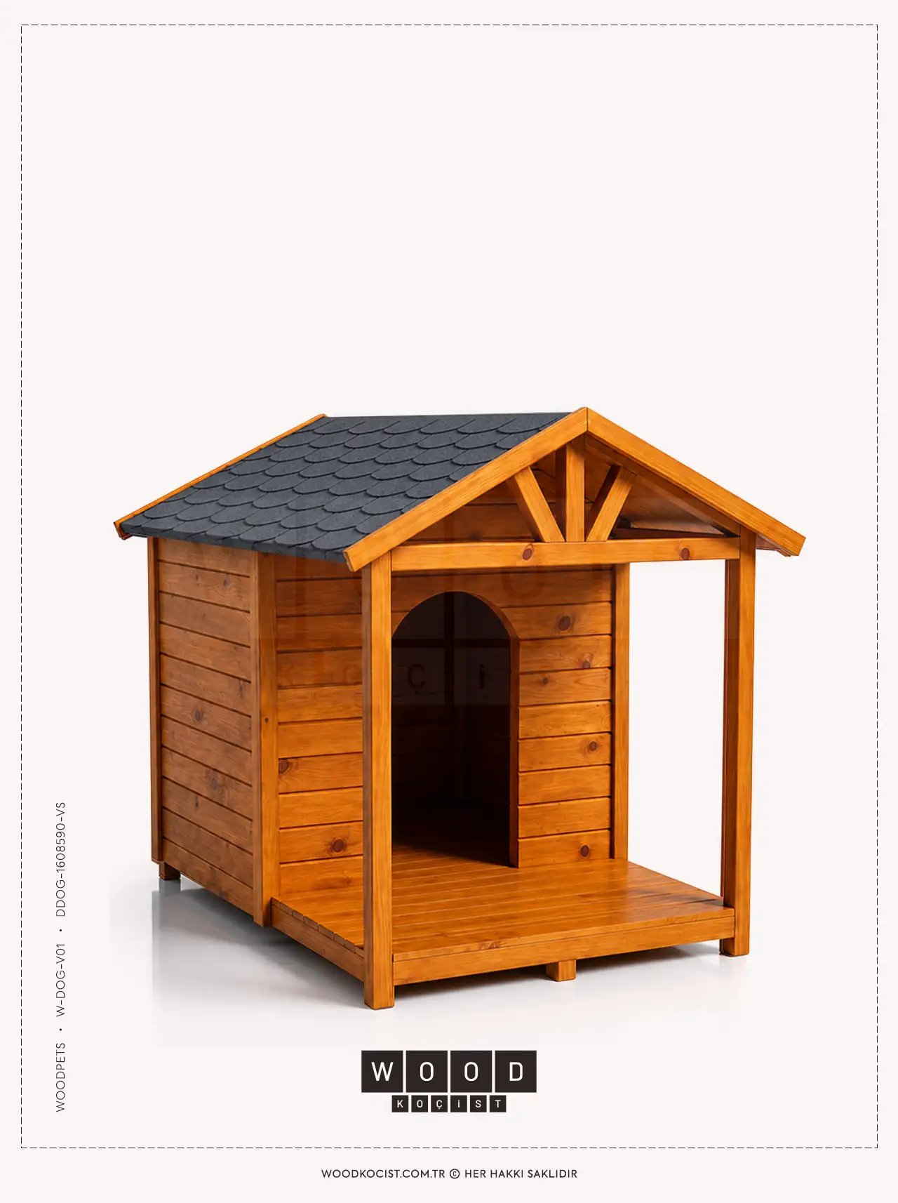 Önünde iki ahşap kolonla desteklenen açık verandası ve çatısında çapraz deseni bulunan antrasit yonca shingle kaplı W-DOG-V01 stüdyo modeli.