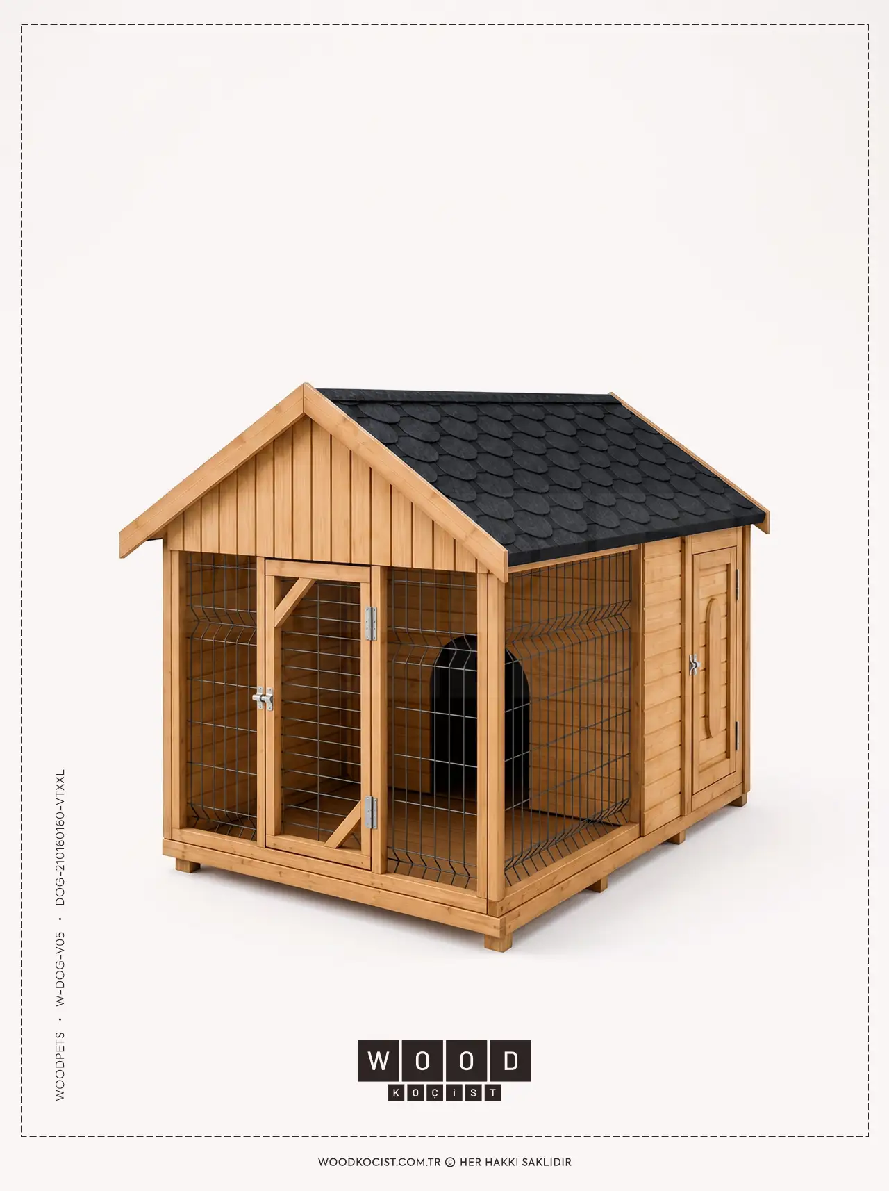 Açık amber mat ahşap gövdesi, siyah kare tel bölmeleri ve antrasit yonca çatısıyla W-DOG-V05 mega boy stüdyo modeli.