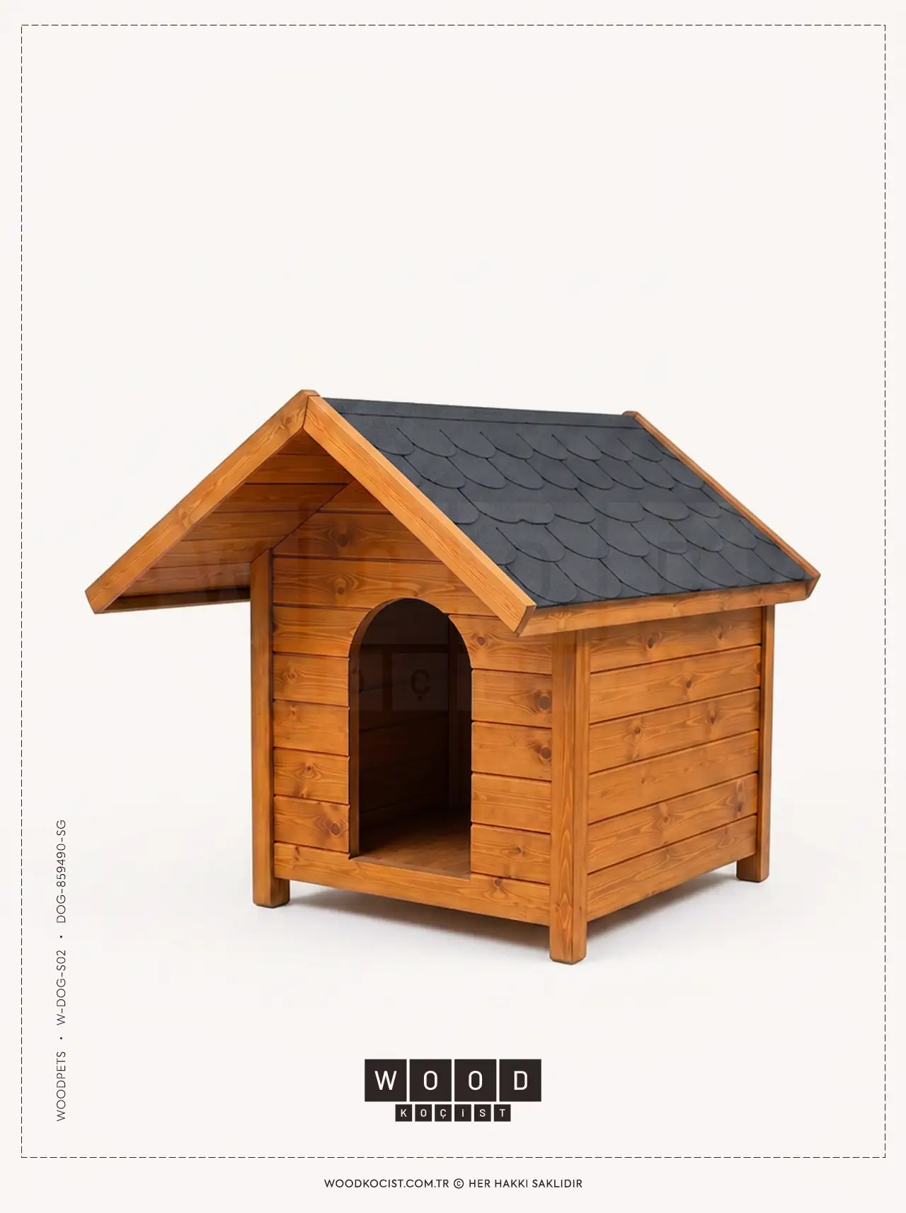 Açık meşe rengi ahşap gövdeye, geniş saçak korumasına ve antrasit yonca desen çatıya sahip W-DOG-S02 stüdyo modeli.