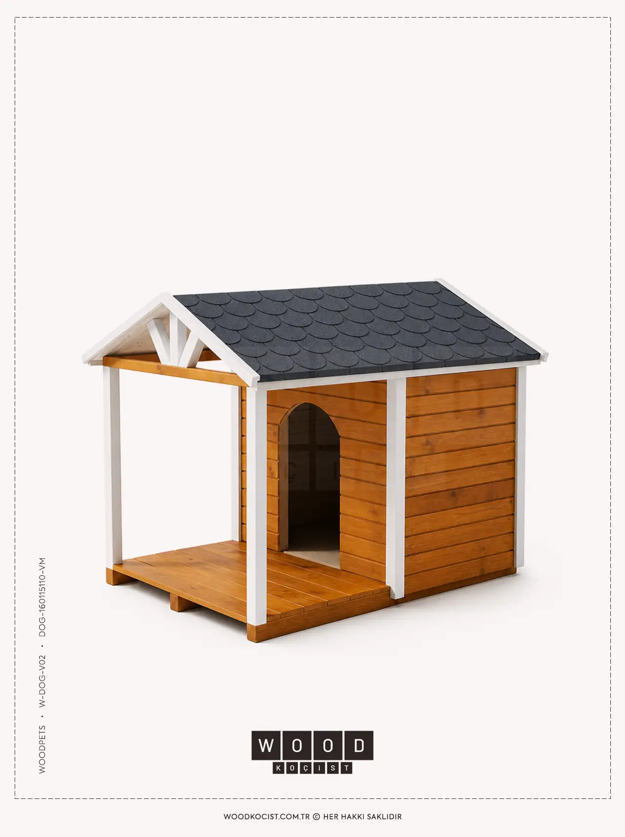 Amber gövdesi, saf beyaz ahşap kolonları ve antrasit yonca desen çatısıyla öne çıkan W-DOG-V02 lüks açık verandalı stüdyo modeli.