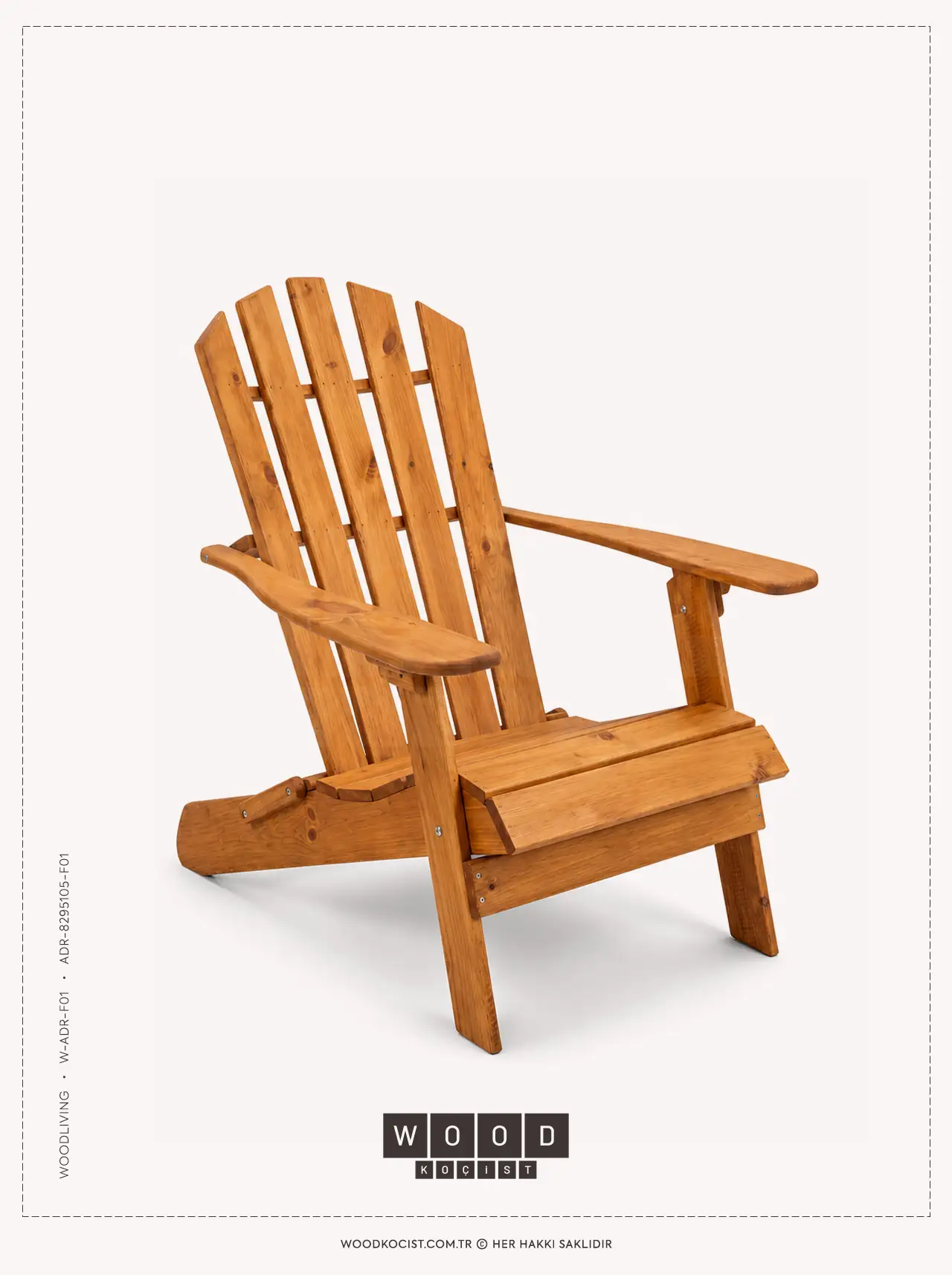 WOODLiving W-ADR-F01 katlanır Adirondack ahşap sandalyenin açık konumda saf beyaz stüdyo fonunda çekilmiş ürün fotoğrafı