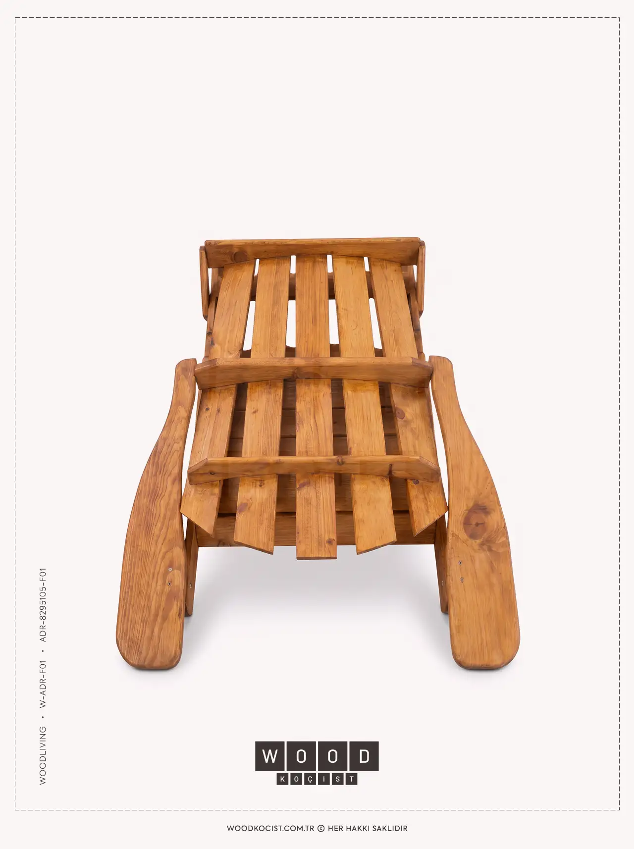 WOODLiving W-ADR-F01 Adirondack ahşap sandalyenin katlanmış kompakt formunun saf beyaz zeminde yan profil görünümü.