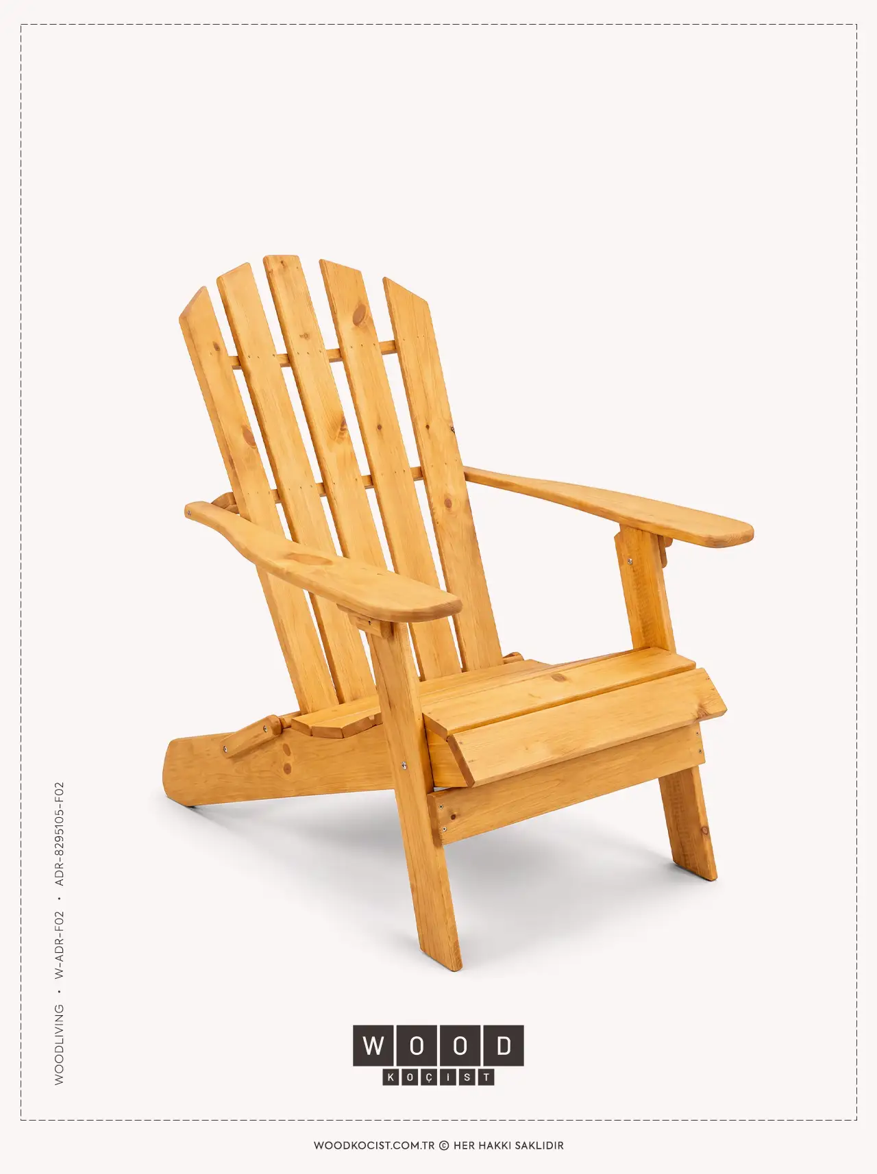 W-ADR-F02 Katlanabilir Adirondack Ahşap Sandalye ürünümüzün açık konumda saf beyaz stüdyo fonunda çekilmiş bir fotoğrafı
